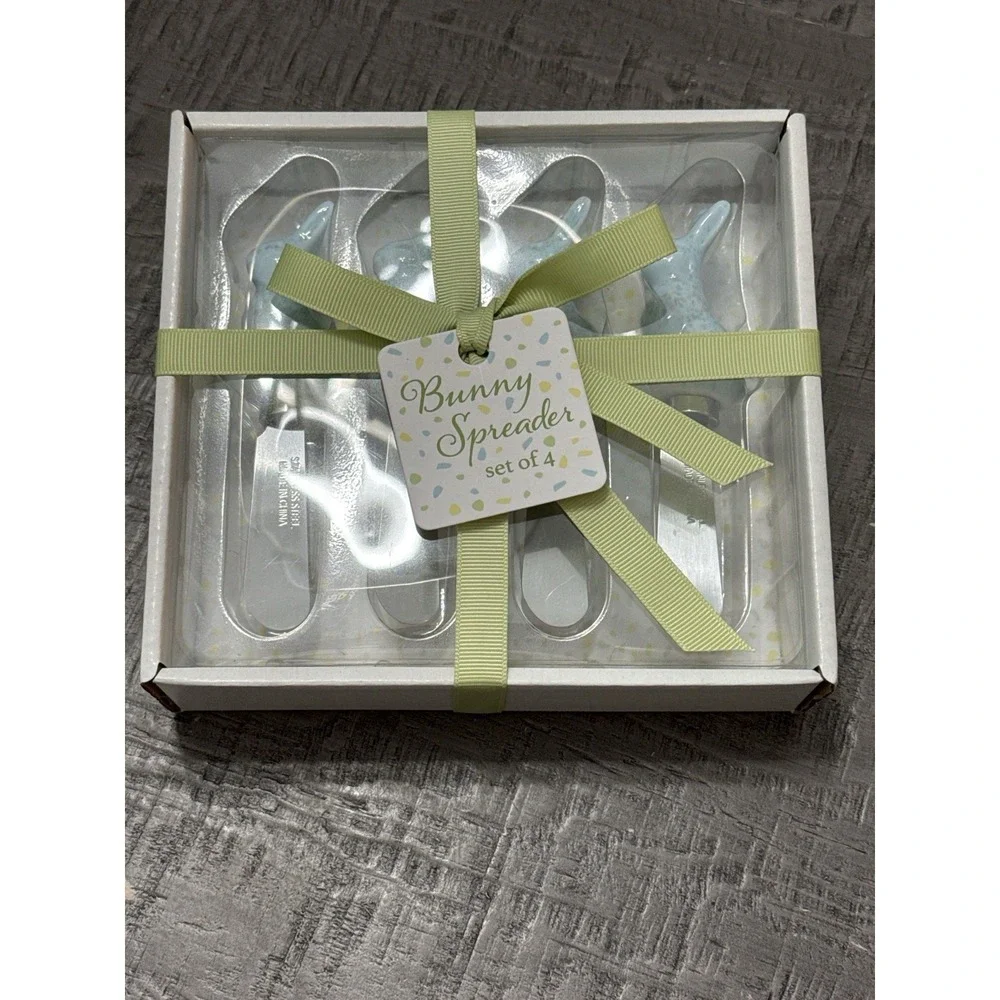 NIB Easter Bunny Spreader Set of 4 Blue Ceramic‎ Handles Stainless Steel Spring